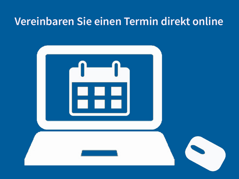 Grafische Darstellung eines Laptops mit Computermaus auf blauem Grund Grafische Darstellung eines Laptops mit Computermaus auf blauem Grund